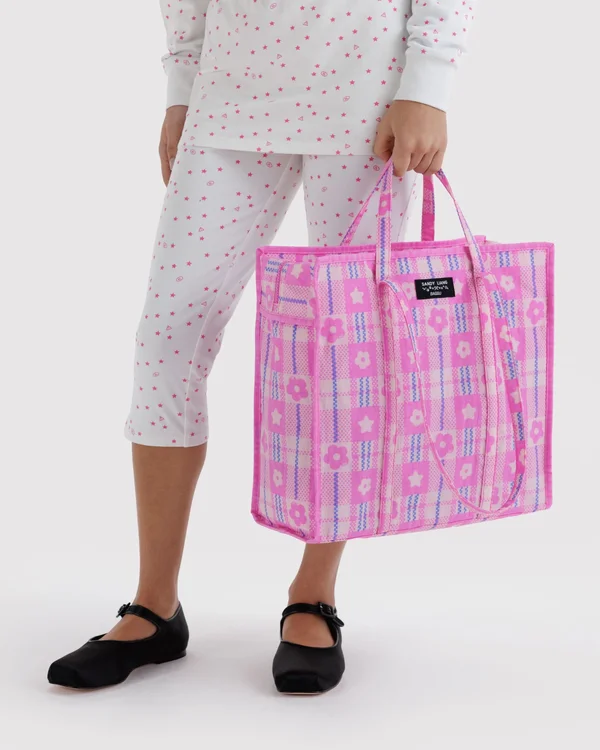 Large Nylon Market Bag - Market Plaid Pink - Material: heavyweight-nylon