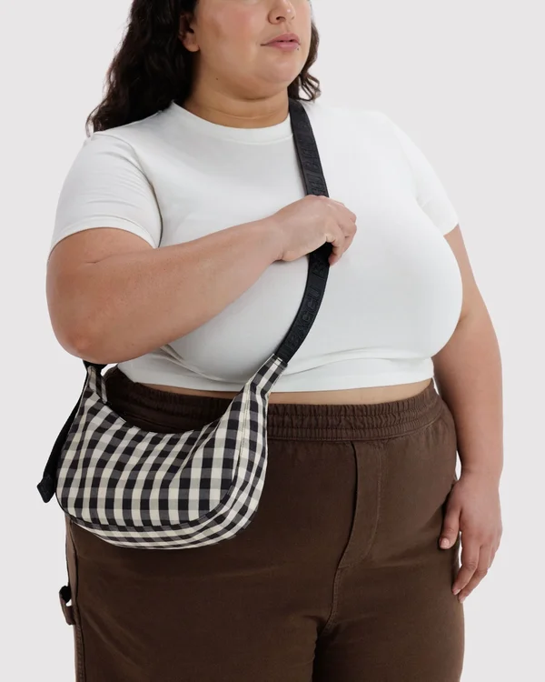 Small Nylon Crescent Bag - Black And Cream Gingham - Material: heavyweight-nylon