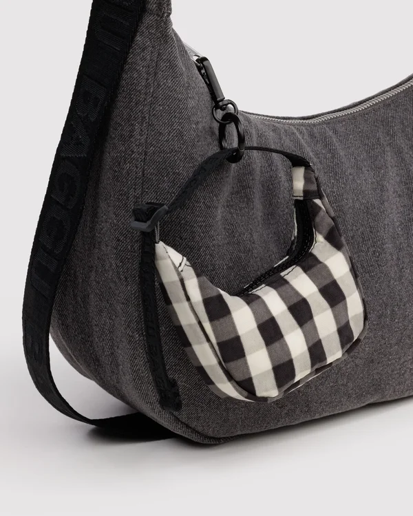 Crescent Bag Charm - Black And Cream Gingham