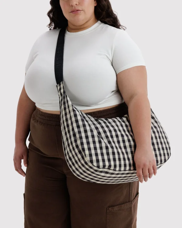 Large Nylon Crescent Bag - Black And Cream Gingham