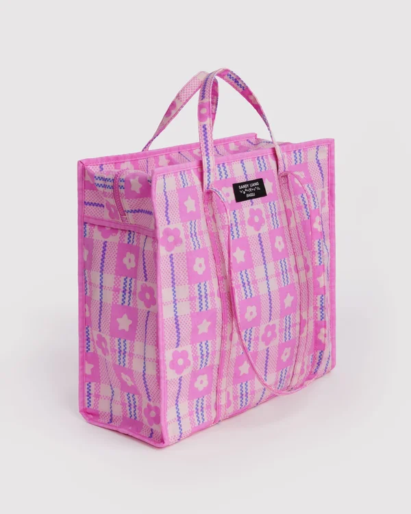 Large Nylon Market Bag - Market Plaid Pink - Material: heavyweight-nylon